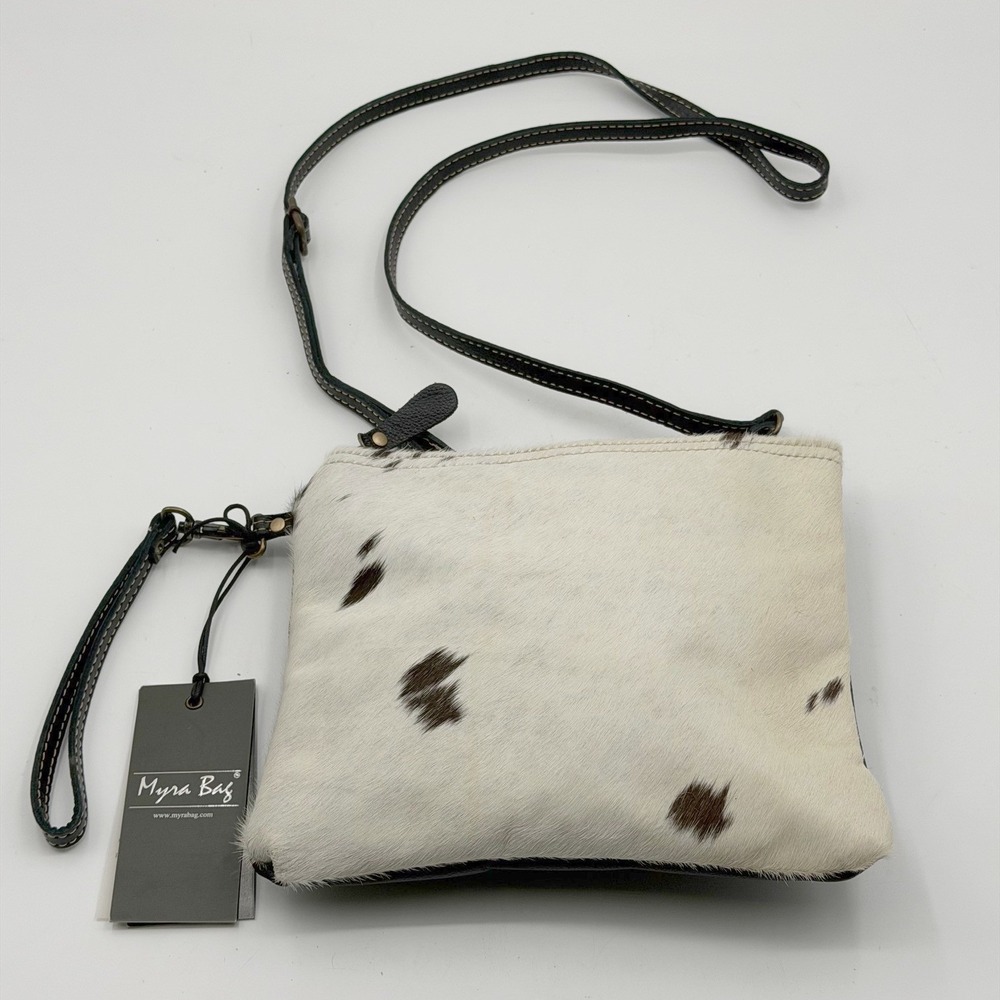 Myra Bag Cowhide Leather Crossbody Wristlet Bag Black White Hair on Hide NEW